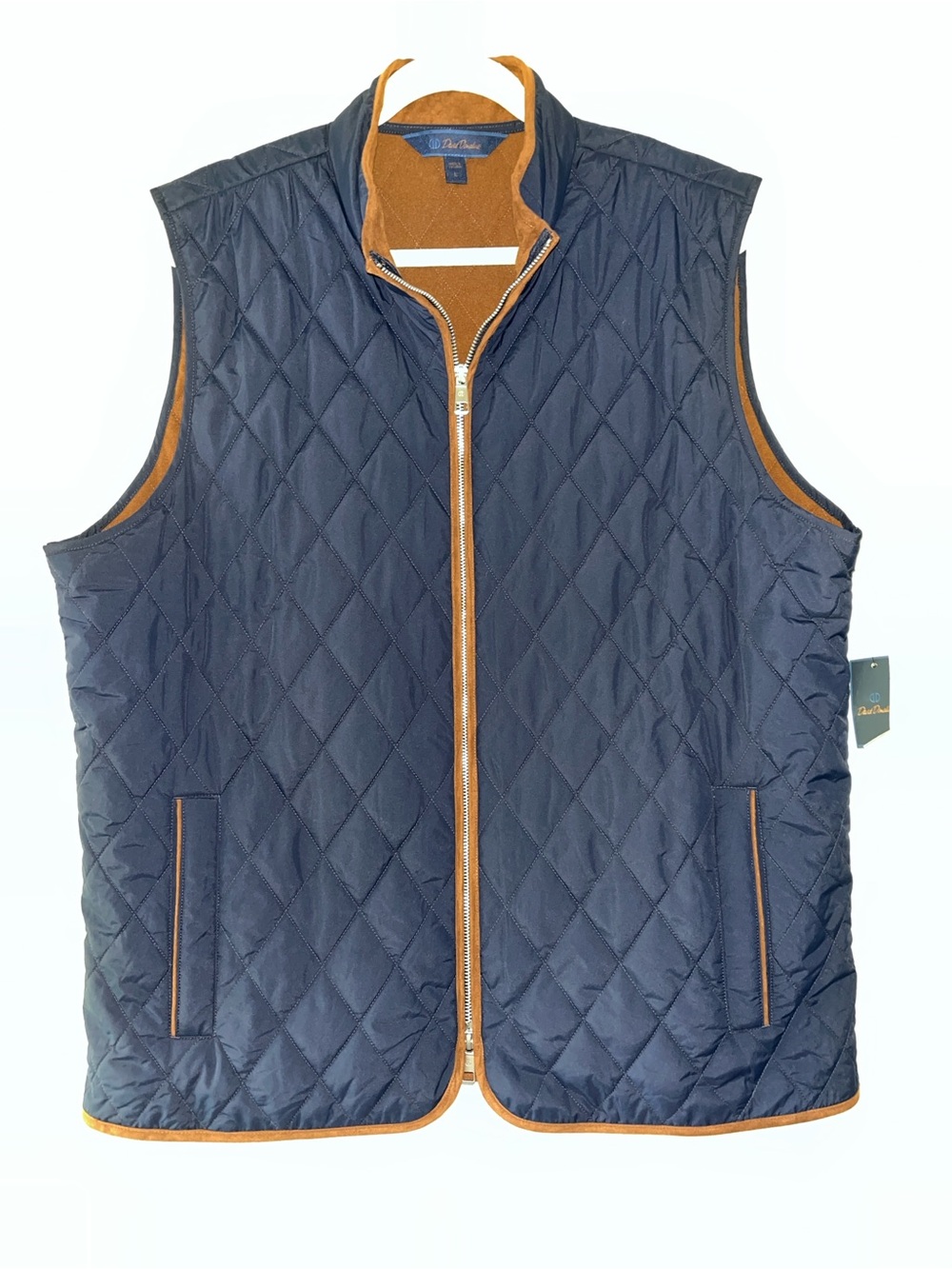 David Donahue Navy Quilted Vest with Tan Trim Accents